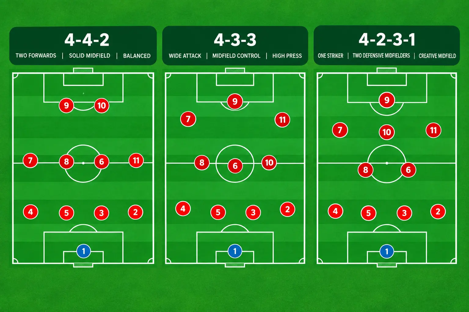 مقارنة بين تشكيلات كرة قدم شائعة: 4-4-2 و4-3-3 و4-2-3-1