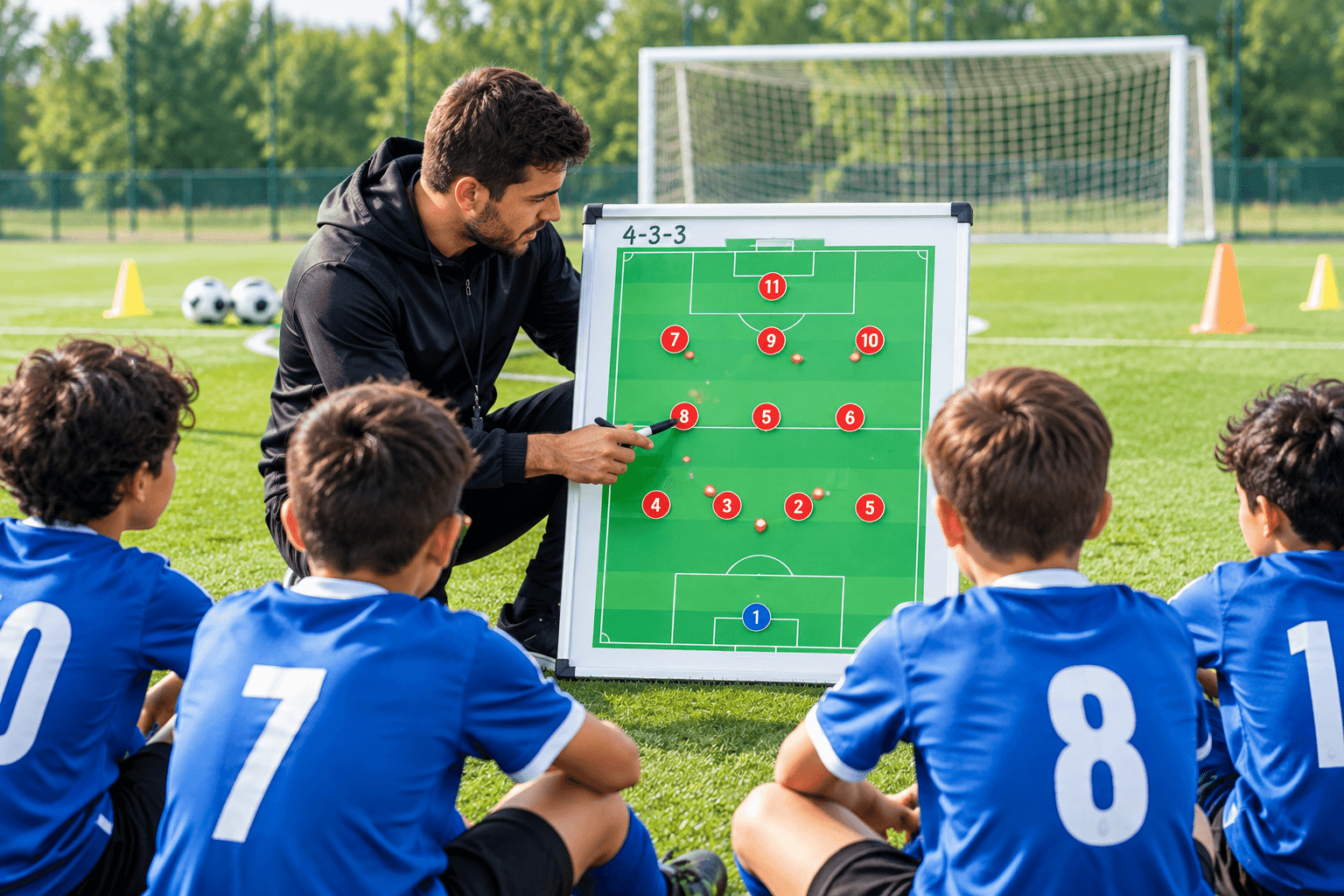 youth soccer coach explaining formation on a tactics board