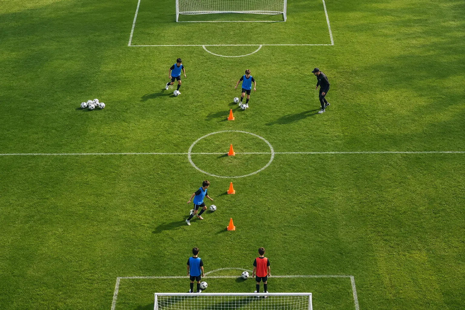 Jugendfußballtrainer leitet eine Übung mit Hütchen