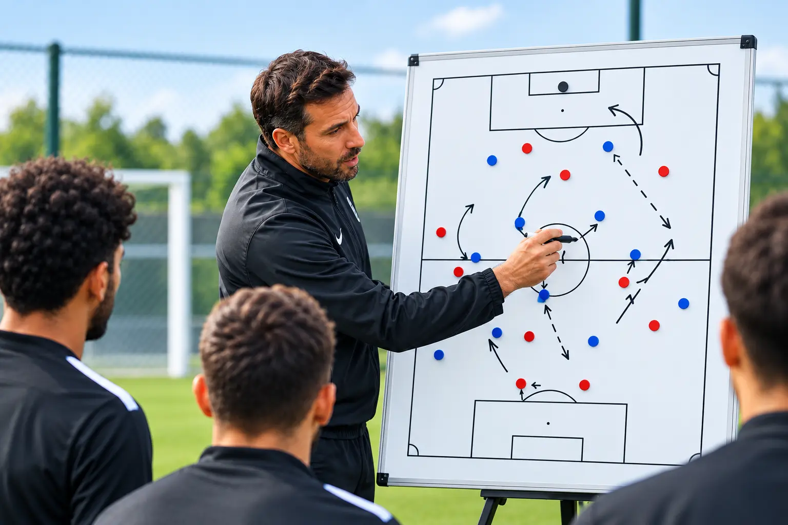 Fußballtrainer erklärt Taktiken auf einer Taktiktafel