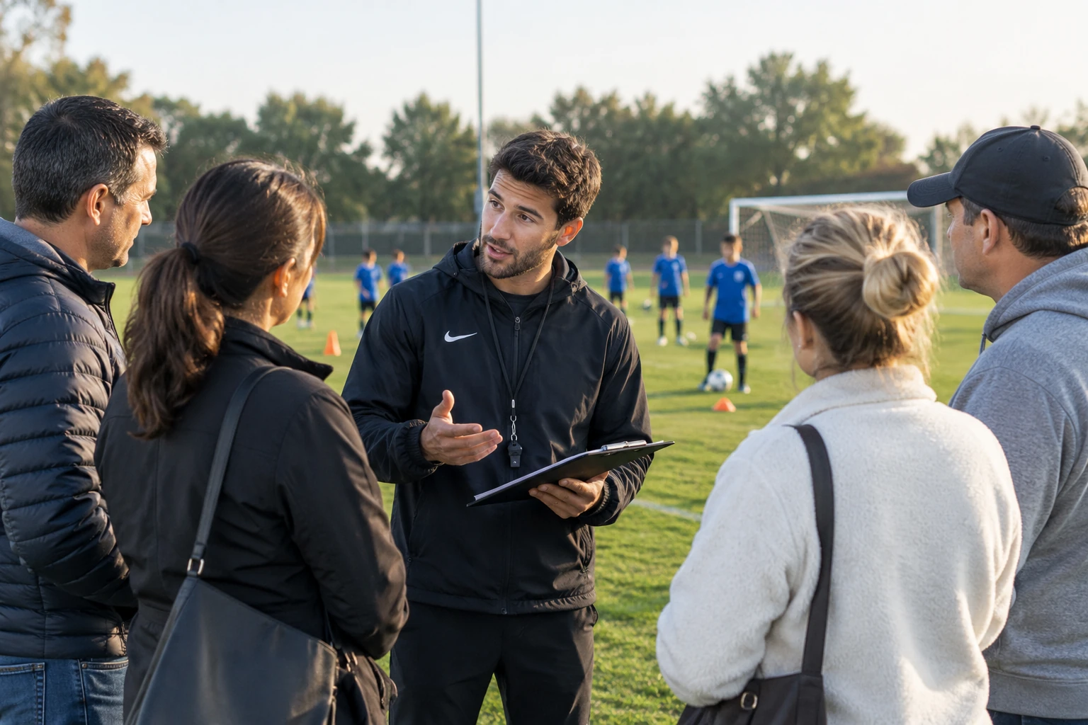 youth soccer coach talking with parents before practice