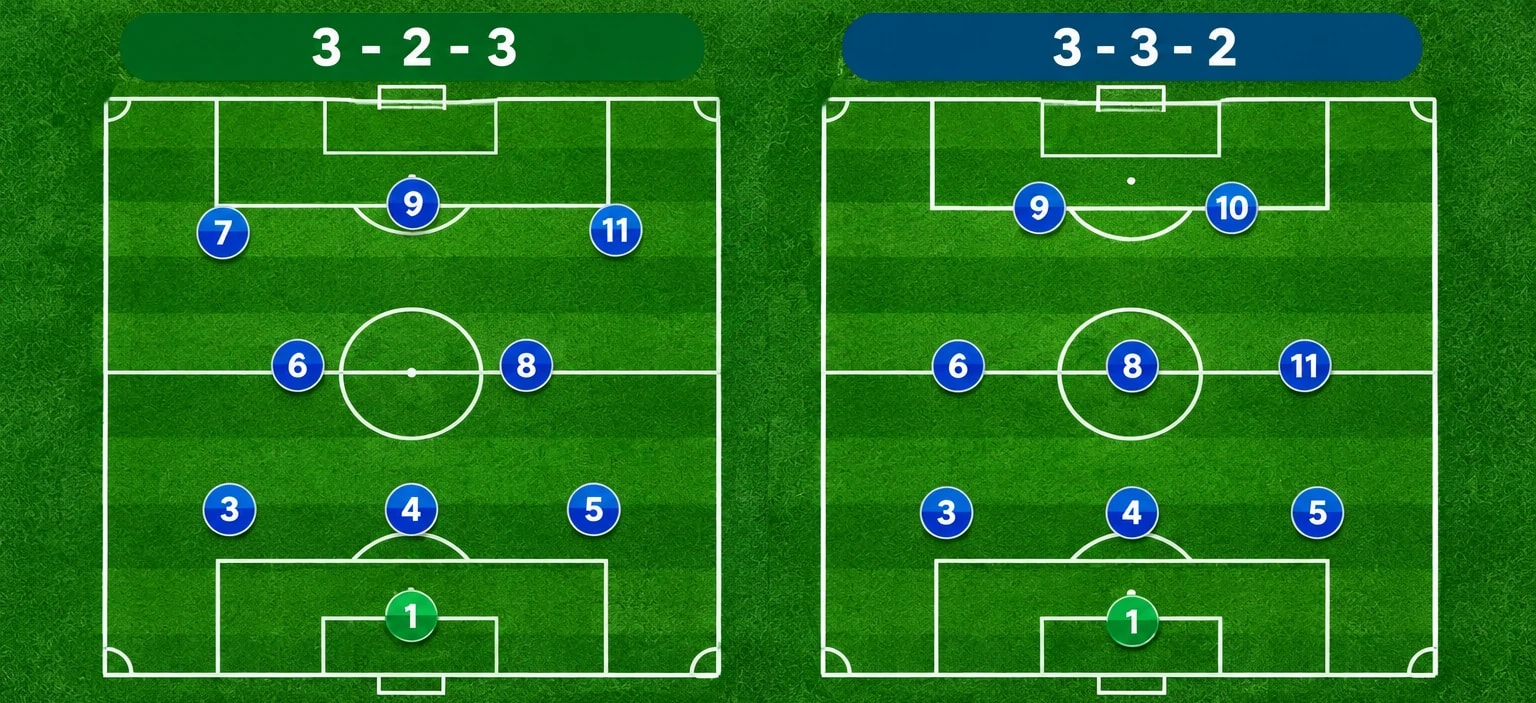 9v9 soccer formation diagram comparing 3-2-3 and 3-3-2