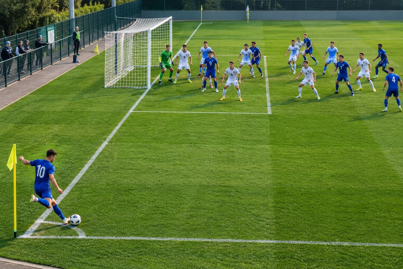 Fußball-Eckstoßroutine mit Spielern im Strafraum