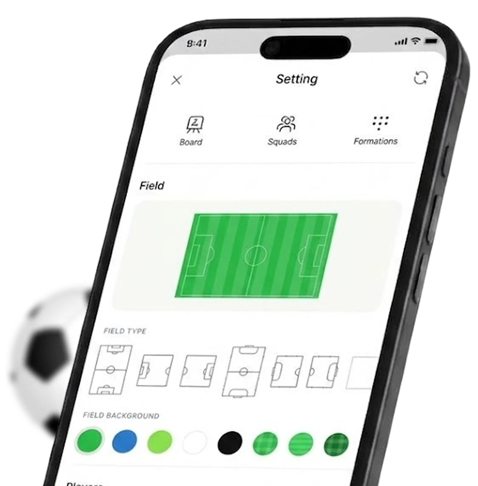 إعدادات تطبيق my tactic board لنوع الملعب وخلفية الحقل